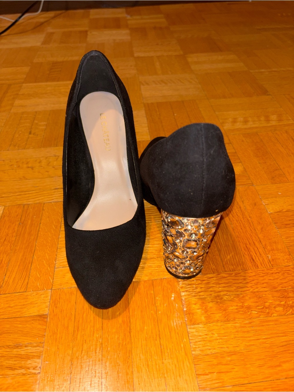 Le Chateau Black Suede Pumps with Embellished Silver Heel